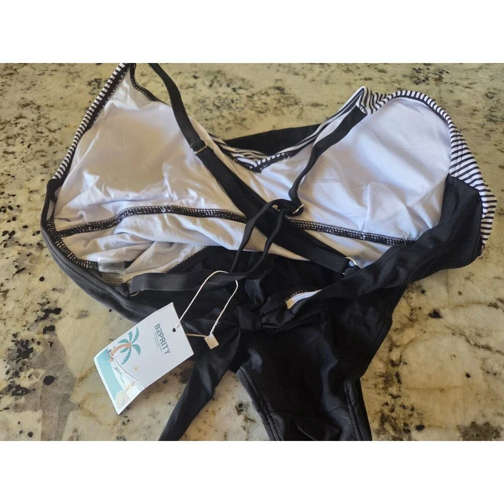 B2PRITY Women's One Piece Swimsuit Striped Black White Adjustable Strap XL
